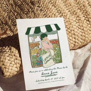 Invitación para baby shower con temática de mercado de agricultores y productos cultivados localmente
