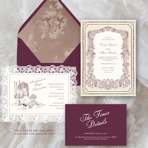 May include: Elegant wedding invitation suite featuring a burgundy envelope with cherub imagery, a main invitation with floral border, and a details card. The suite includes a welcome party and wedding day information. The text "The Finer Details" is also visible.