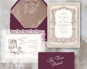 Może przedstawiać: Elegancki zestaw zaproszeń ślubnych z bordową kopertą z wizerunkami cherubinów, głównym zaproszeniem z kwiatową obwódką i kartą ze szczegółami. Zestaw zawiera informacje o przyjęciu powitalnym i dniu ślubu. Widoczny jest również tekst "The Finer Details".