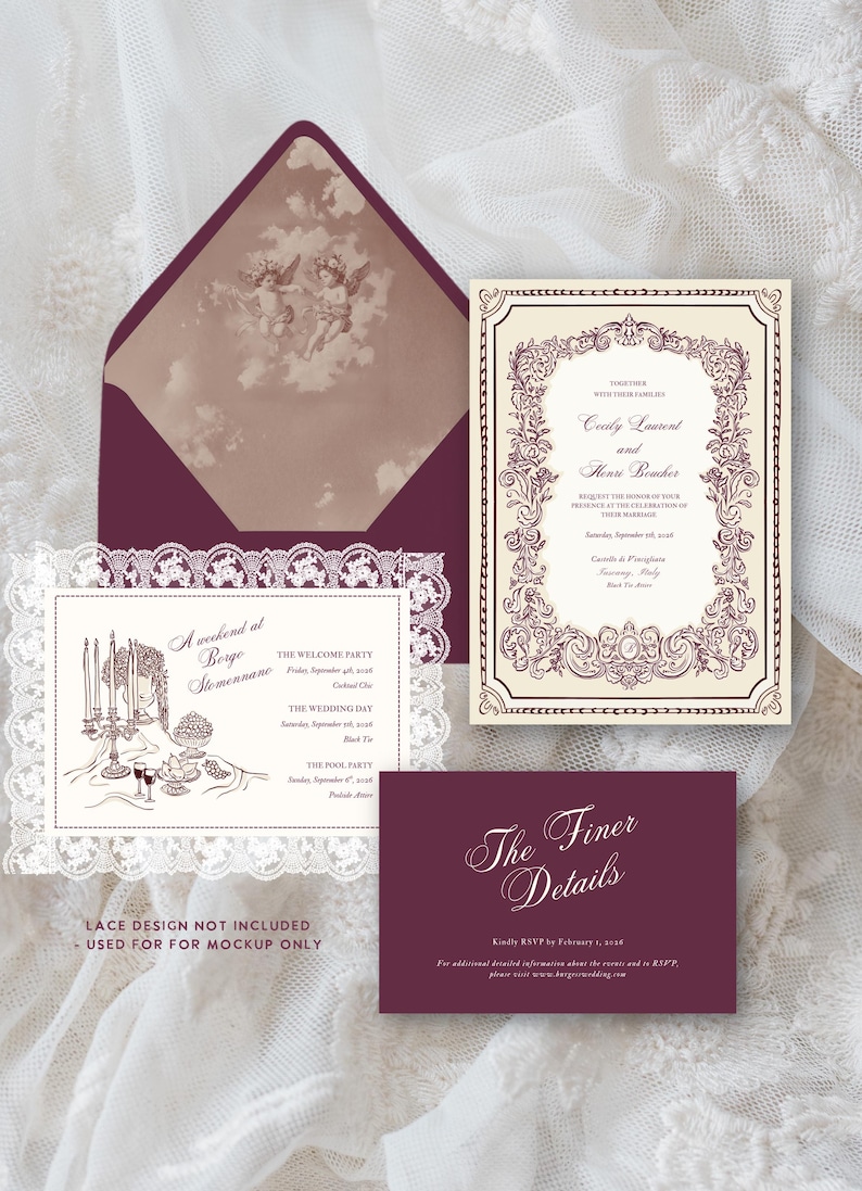 May include: Elegant wedding invitation suite featuring a burgundy envelope with cherub imagery, a main invitation with floral border, and a details card. The suite includes a welcome party and wedding day information. The text "The Finer Details" is also visible.