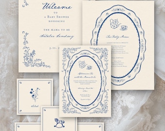 Delft Blue Tea Party Baby Shower Invitation Suite (Digital Download)