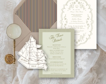 The Coastal Heirloom Nautical Wedding Suite, Harbor Wedding Invitation Template, Vintage Coastal Invite, Editable Canva Template