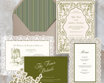 Continental Olive Wedding Invitation Suite | Vintage European Canva Template (Digital Download)