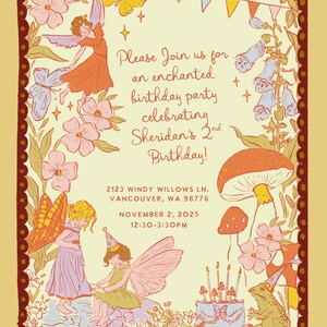 Puede incluir: Invitaci&oacute;n ilustrada a una fiesta de cumplea&ntilde;os con un tema de hadas caprichoso. La invitaci&oacute;n presenta hadas, mariposas, flores y una tarta de cumplea&ntilde;os. El texto dice: "Please Join us for an enchanted birthday party celebrating Sheridan's 2nd Birthday!"