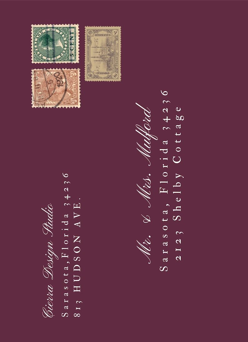 May include: A burgundy invitation design featuring vintage postage stamps and elegant white script. The text includes the names of Cierra Design Studio and Mr. & Mrs. Mulford, along with addresses in Sarasota, Florida.