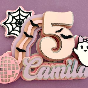 Spooky Cute Pastel Pink Party Decor | Halloween Birthday Cake Topper for Girl | Custom Name & Age Topper | | Ghost Rainbow Bat Theme