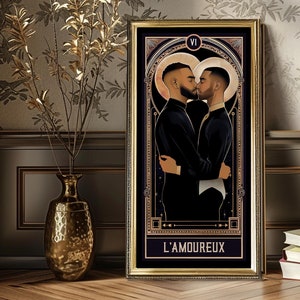LGBTQ Gay Art Print | THE LOVERS Tarotkaart | Zwarte queer heren | Heksendecoratiecadeau | Muurkunst | Jubileumhuwelijkscadeau | Mannelijke energie