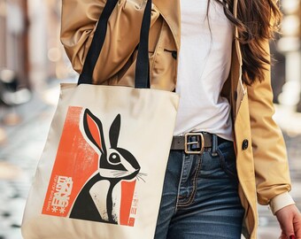 RABBIT TOTE BAG | Animal Totem, Bunny Wildlife, Spirit Animal Patch,  Japanese Woodblock,  Punk,  Goth,  Fashion,  Nature Witchy Aesthetic