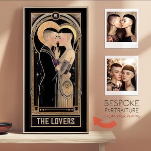 Retrato de pareja personalizado / Carta del tarot de los amantes / Retrato inclusivo / Decoración de brujas / Arte de pared / Regalo de aniversario de boda / Apto para LGBTQ