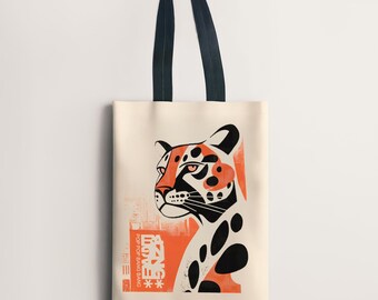 LEOPARD TOTE BAG | Animal Totem, Wildcat Wildlife, Spirit Animal,  Japanese Woodblock,  Punk,  Goth,  Fashion,  Nature Witchy Aesthetic