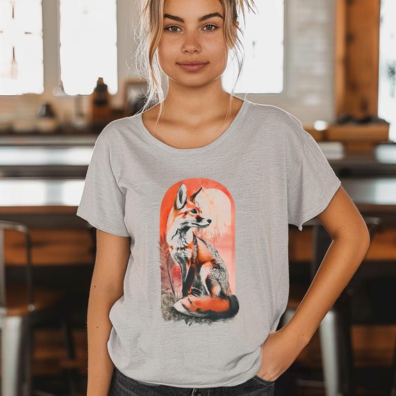 Mystical Fox Graphic Tee – Flowy Dolman Sleeve Shirt – Trendy Nature Lover T-Shirt – Witchy Fashion – Heather Grey Boho Top – Spirit Animal