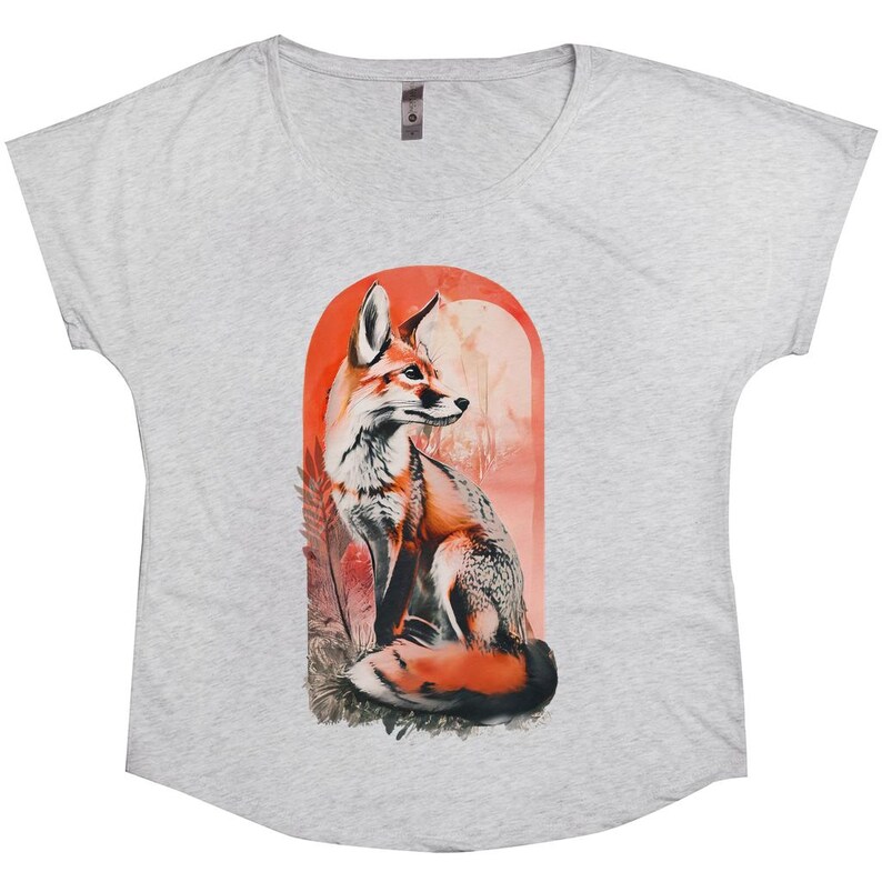 Mystical Fox Graphic Tee – Flowy Dolman Sleeve Shirt – Trendy Nature Lover T-Shirt – Witchy Fashion – Heather Grey Boho Top – Spirit Animal image 2