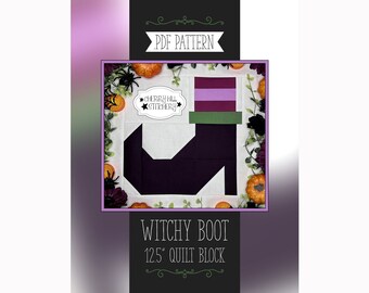 Witchy Boot PDF Quilt Block Pattern | 12.5" by Cherry Hill Stitchery | DIY Halloween Quilting Project |Traditional Piecing | Witch Shoe