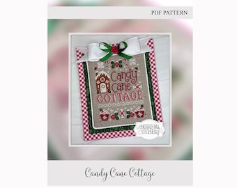 Candy Cane Cottage -- .PDF Christmas Cross Stitch Pattern by Cherry Hill Stitchery - Gingerbread House, Peppermint, Winter, Red Pink