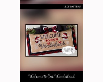 Welcome to Our Wonderland .PDF Winter Snowman Cross Stitch Pattern by Cherry Hill Stitchery. Instant Download, Red Black