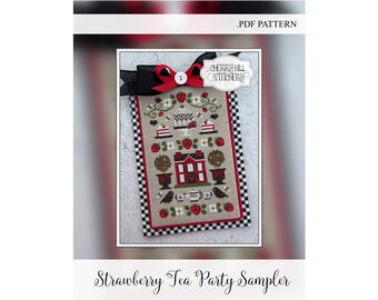 NEW! Strawberry Tea Party Sampler - Cross Stitch .PDF Instant Download Pattern. Strawberries, Flowers, Birds, Cake, Picnic, Red Black Green