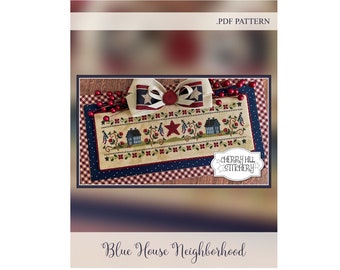 Blue House Neighborhood -- .PDF Cross Stitch Pattern by Cherry Hill Stitchery