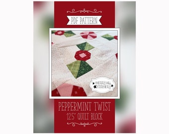 Peppermint Twist .PDF Christmas Quilt Block Pattern with Bonus Quilt Information. Fully illustrated, traditional piecing, 12.5"