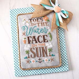 Tropical Beach Cross Stitch Pattern with Palm Trees, Ocean Waves: &quot;Toes in the Water&quot; (Printed)