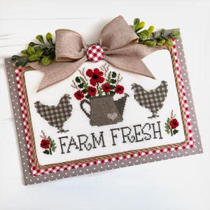 Chicken Cross Stitch | PDF Cross Stitch Pattern | Cherry Hill Stitchery® Needlework Shop | "Farm Fresh" | Watering Can, Floral, Hen, Kitchen