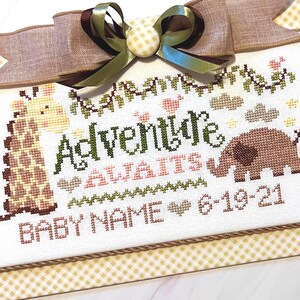 Birth Announcement Cross Stitch Design | PDF Cross Stitch Pattern | Adventure Awaits | Birth Record | Cherry Hill Stitchery® | Modern Safari