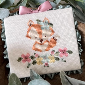 Small Cross Stitch Pattern with Fox: &quot;Flowery Woodland - Foxy&quot; (PDF Digital Download)