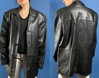 Vintage 1990s Black XL Soft Leather Mens Coat