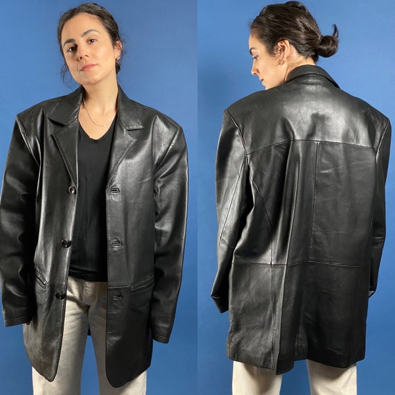 Vintage 1990s Black XL Soft Leather Mens Coat - image 1