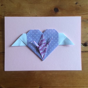 Grue et coeur origami |  carte d'anniversaire | Carte de rétablissement | Merci carte | Carte faite main | Tu me manques carte | Maison neuve | Anniversaire