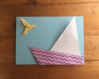 Ship and Bird Origami Card | Birthday Card | Bon Voyage | Handmade Card | Origami Boat | Get well Card | Thank You Card | New Home Card