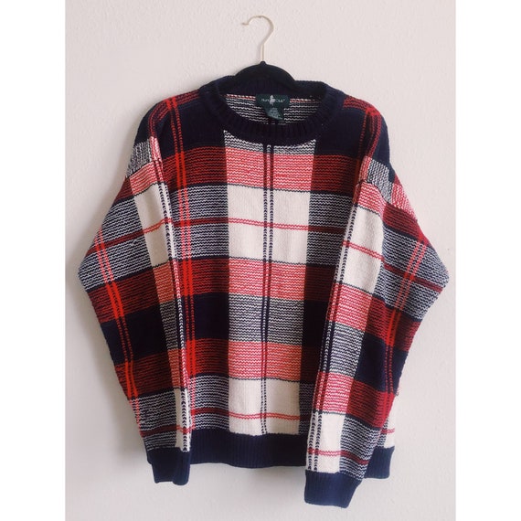 VINTAGE Plaid Sweater, Red, Navy & White