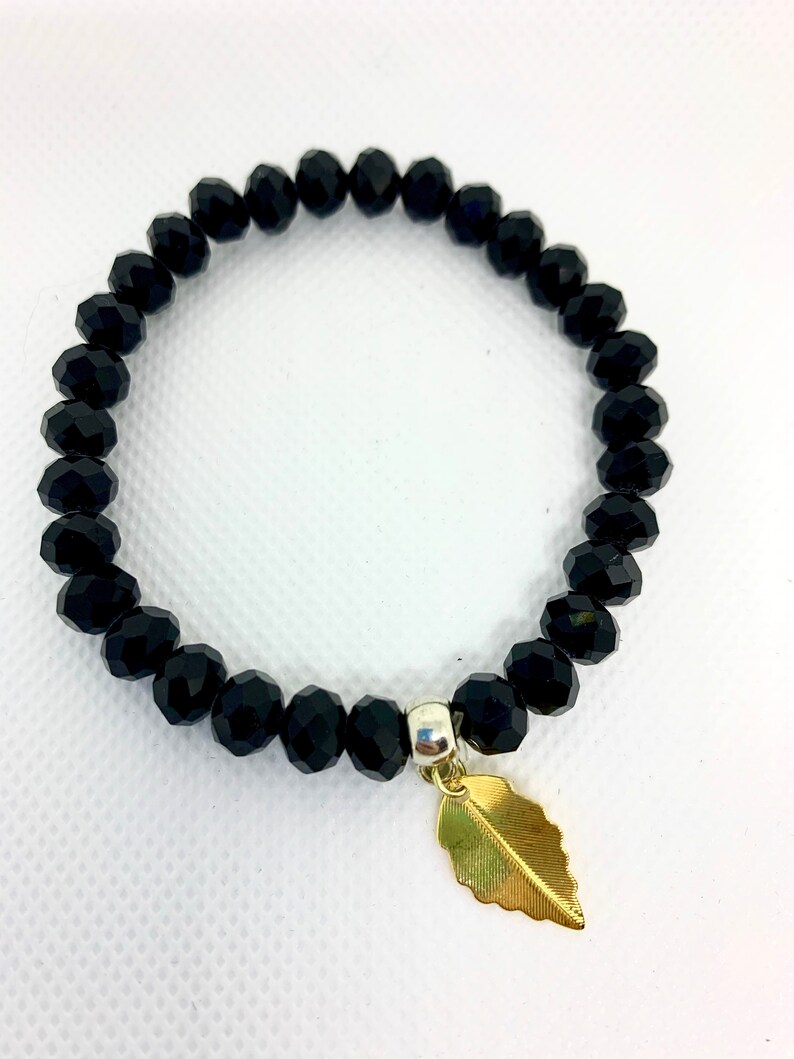 Black Beaded Bracelet with Gold Leaf Charm Beaded Add A Charm image 0