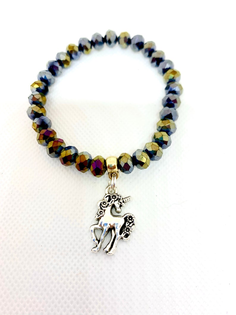 Irredescent Dark Blue Beaded Bracelet with Silver Unicorn image 0