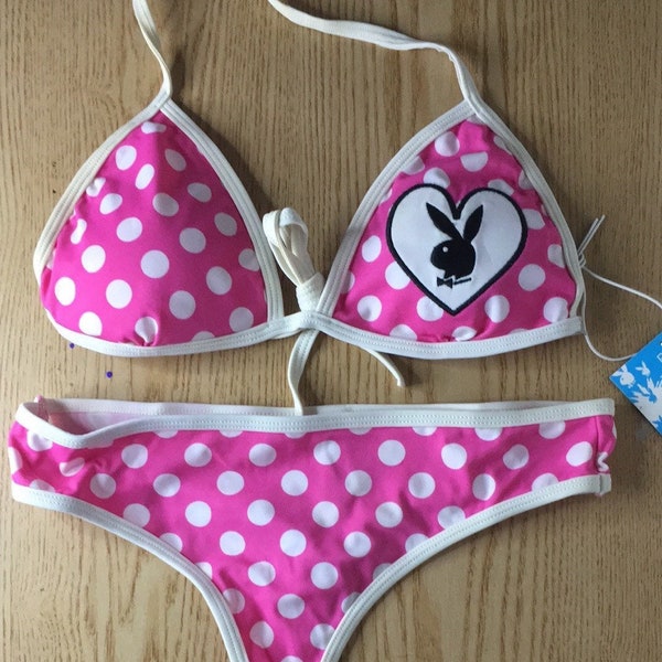 New Vintage 2Pc Playboy Polka Dot Thong Bikini Swimsuit Large