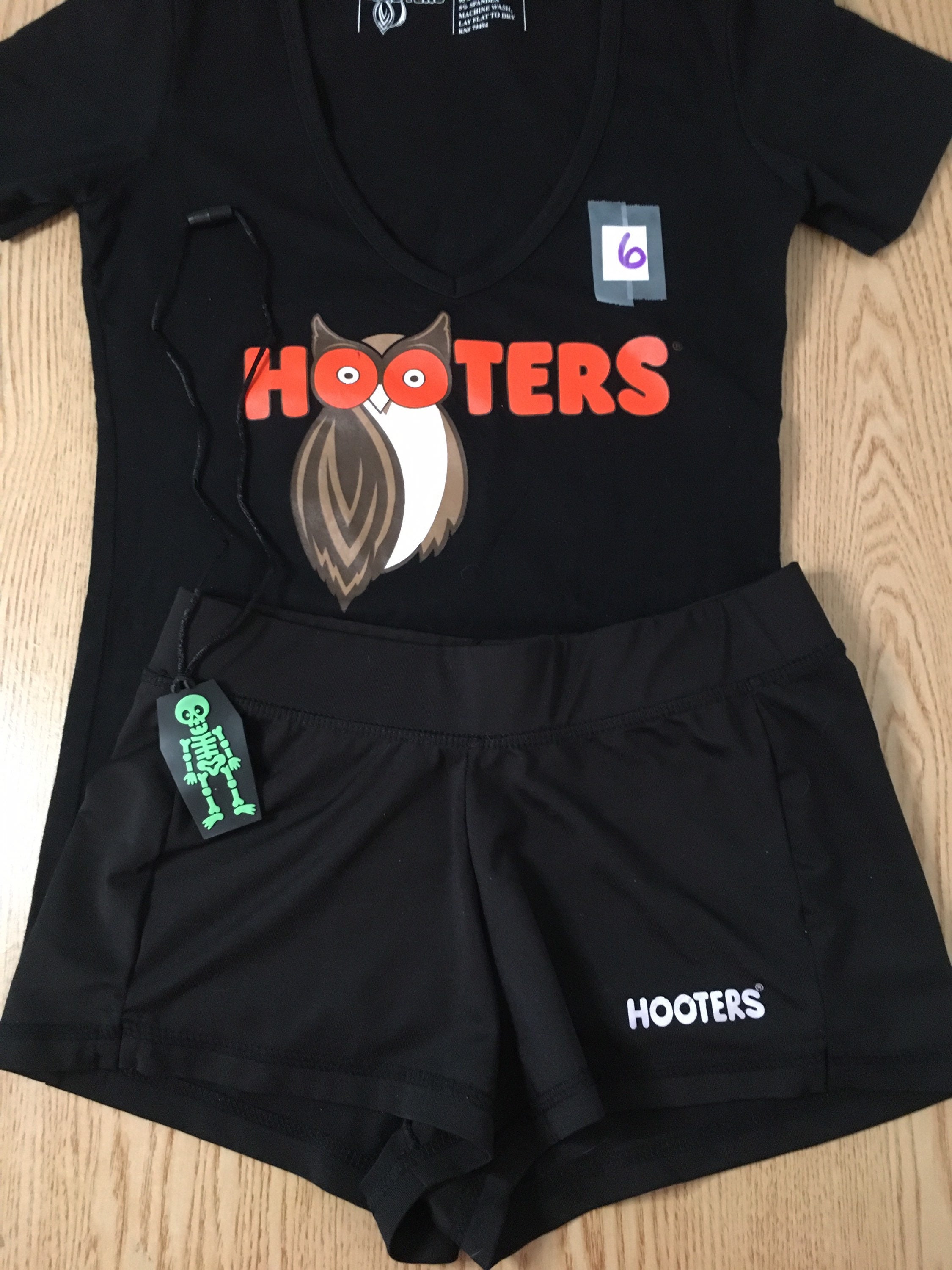 Discover Bin 1 #6 Hooters Girl Worn Super Sexy Uniform Short Sleeve V-neck Tee and Shorts Outfit With Glow in the Dark Skeleton Necklace Size XSmall