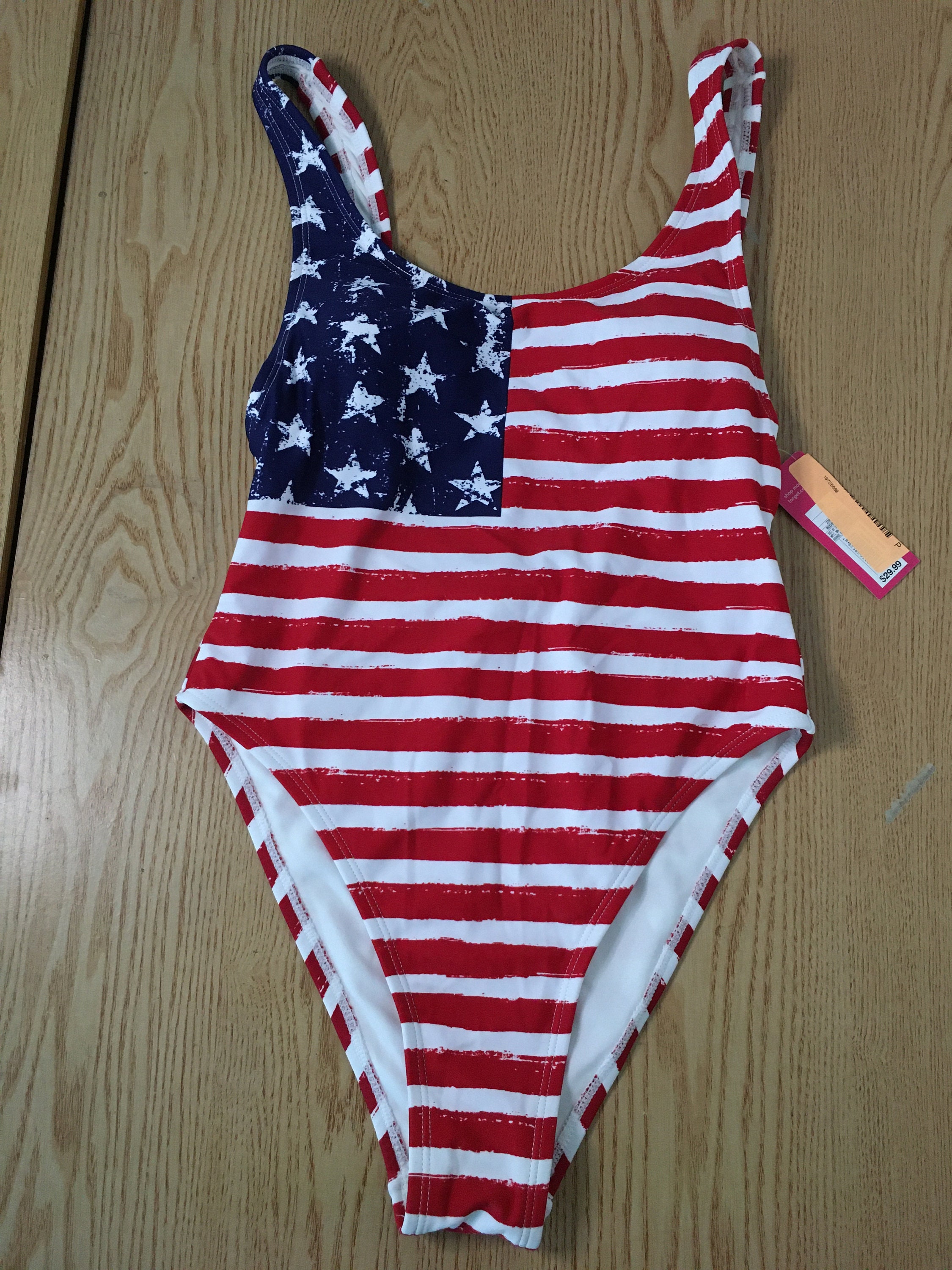 Small US Flag Patriotic One Piece Swimsuit Shelf Bra Cross Strappy