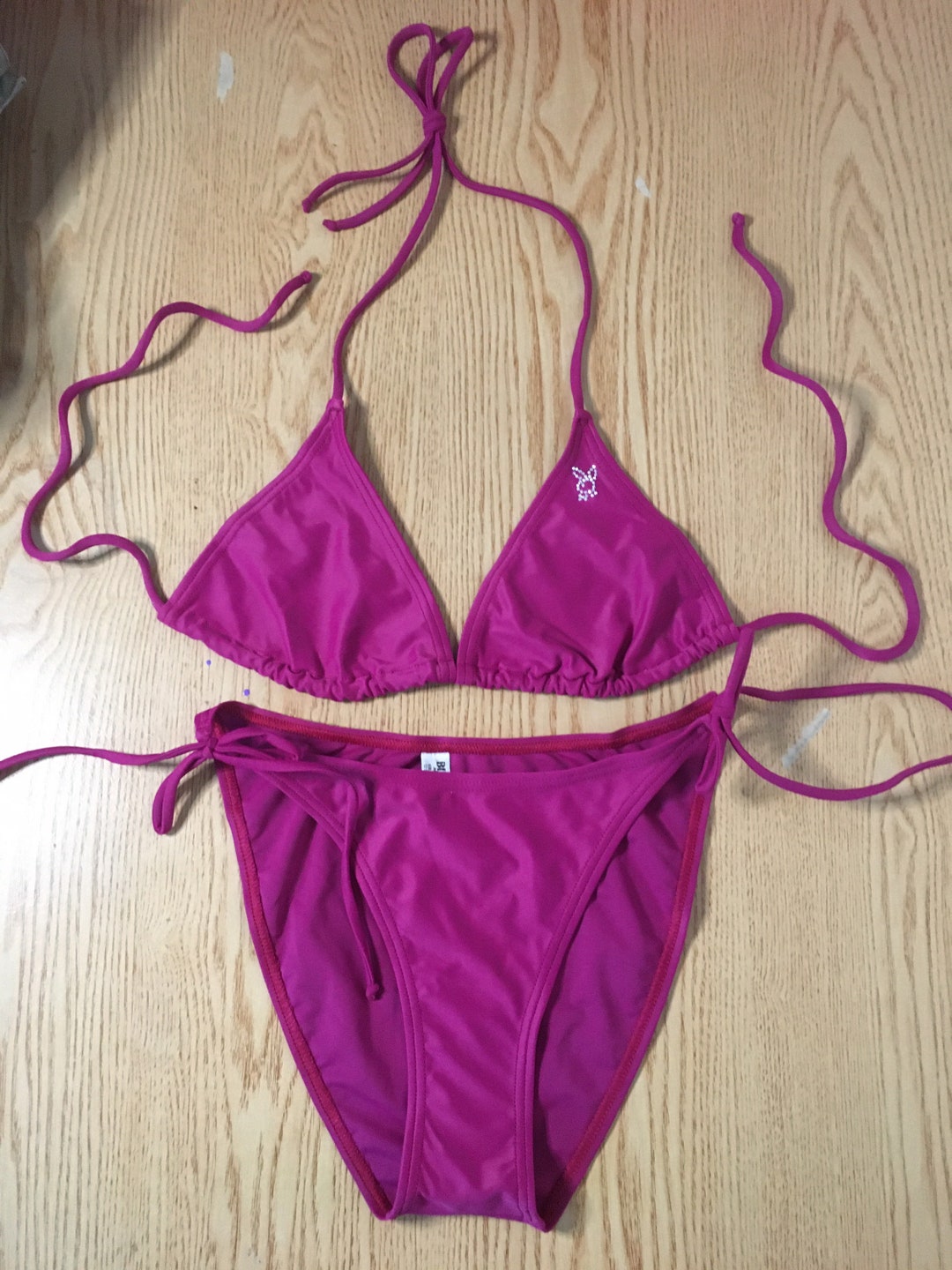 New Womens 2pc Playboy String Bikini Swimwear With Rhinestones Magenta