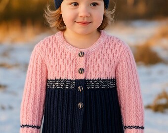 Pull en alpaga tricoté à la main avec bandeau pour tout-petits - Rose poudré et bleu marine