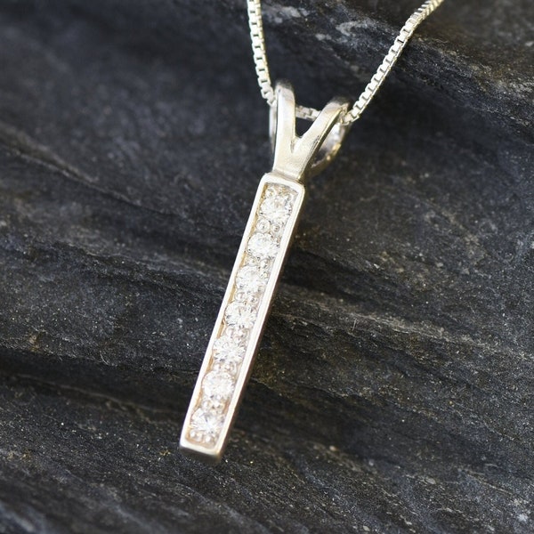 Diamond Bar Pendant, Created CZ Diamond, Layering Necklace, Minimalist Pendant, Drop Pendant, Vertical Pendant, Dainty Pendant, Solid Silver