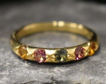 Gold Tourmaline Band, Natural Tourmaline, Stackable Ring, Half Eternity Ring, Dainty Band, October Birthstone, Colorful Ring, Silver Ring