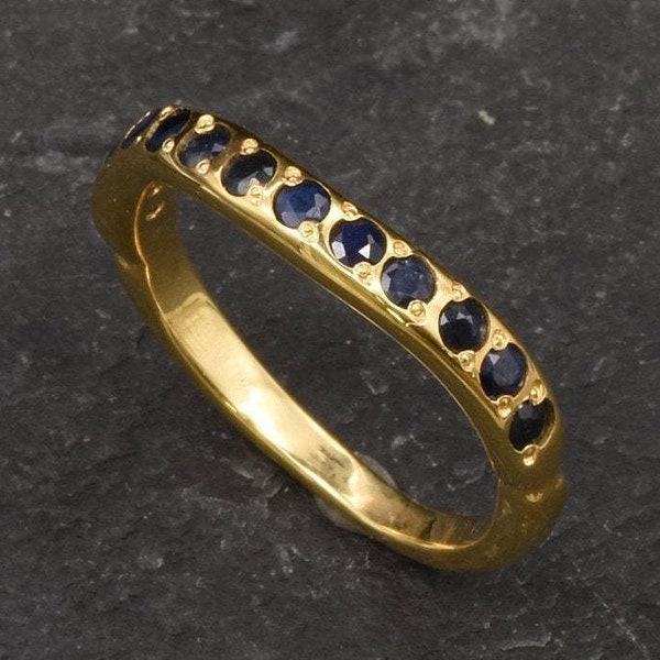 Gold Sapphire Ring, Curved Ring, Natural Sapphire, September Birthstone, Gold Sapphire Band, Half Eternity Ring, Stackable Ring,Gold Vermeil