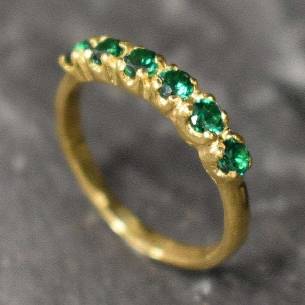 Half Eternity Ring, Gold Emerald Ring, Created Emerald Ring, Gold Eternity Ring, Green Diamond Ring, Gold Vinatge Band, Gold Stackable Band