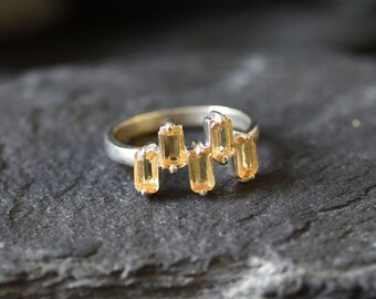Citrine Ring, Natural Citrine, November Birthstone, Baguette Band, Emerald Cut Ring, Asymmetric Ring, Yellow Ring, 925 Solid Silver Ring