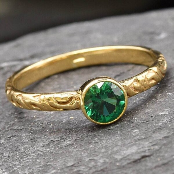 Gold Emerald Ring, Created Emerald, Dainty Ring, Embossed Band, Boho Ring, Stackable Ring, Tribal Ring, Gold Bohemian Band, Gold Vermeil