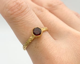 Gold Garnet Ring, Embossed Band, Red Boho Ring, Natural Garnet, Stackable Ring, Gold Plated Ring, January Birthstone, Bohemian Band, Vermeil