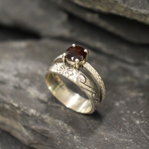 Garnet Silver Ring, Natural Garnet Ring, Double Band Ring, Boho Ring, January Birthstone, Solitaire Ring, Wide Band Ring, Bands By  Adina