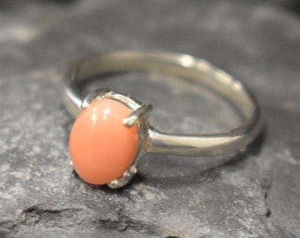 Rosa Korallenring, Korallenring, natürliche Koralle, März Geburtsstein, Solitärring, VintageKorallenring, Engelshautkoralle, massiver Silberring, Koralle
