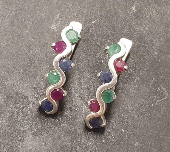 Multistone Studs, Emerald Earrings, Birthstone Earrings, Long Asymmetric Studs, Vintage Earrings, Solid Silver Earrings, Sapphire, Ruby