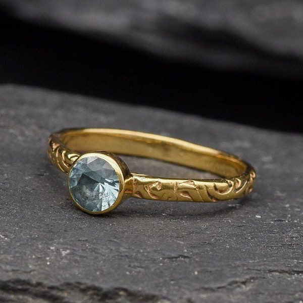 Gold Aquamarine Ring, Created Aquamarine, Embossed Band, Dainty Boho Ring, Stackable Ring, Gold Plated Ring, Bohemian Band, Gold Vermeil