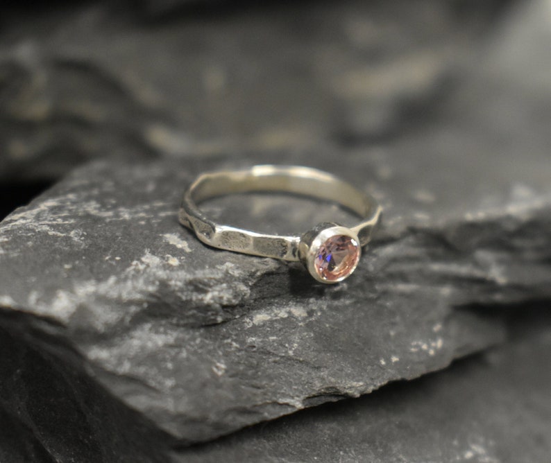 Pink Morganite Ring, Created Morganite, Hammered Band, Dainty Pink Ring, Solitaire Ring, Stackable Ring, Vintage Ring, Solid Silver Ring image 7